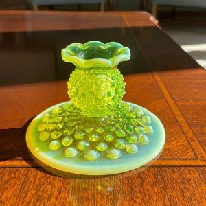 Fenton topaz Opalescent hobnail candlestick.